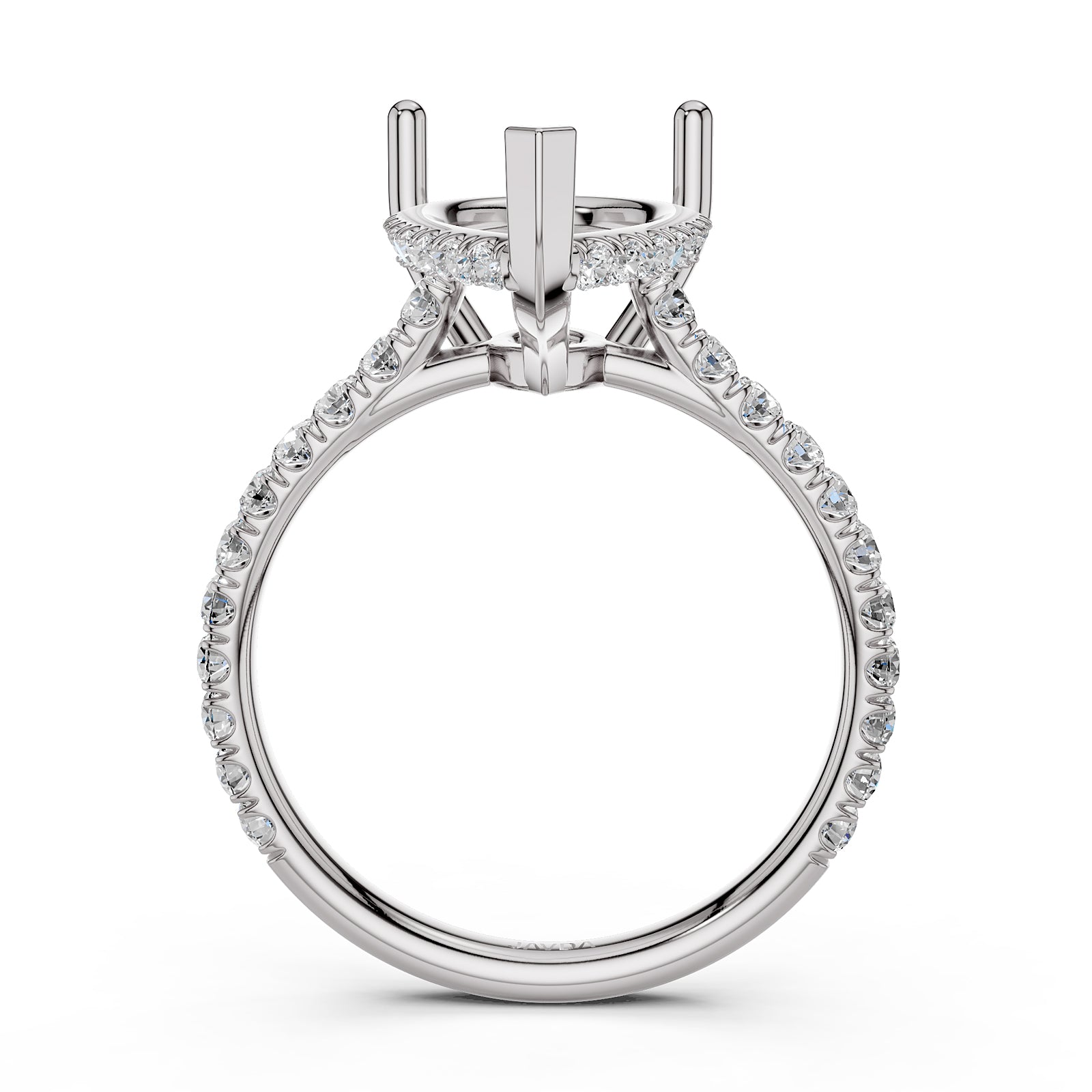 French U Pave Set Hidden Halo Lab Grown Diamond Semi Mount Engagement Ring 0.52 Ct.