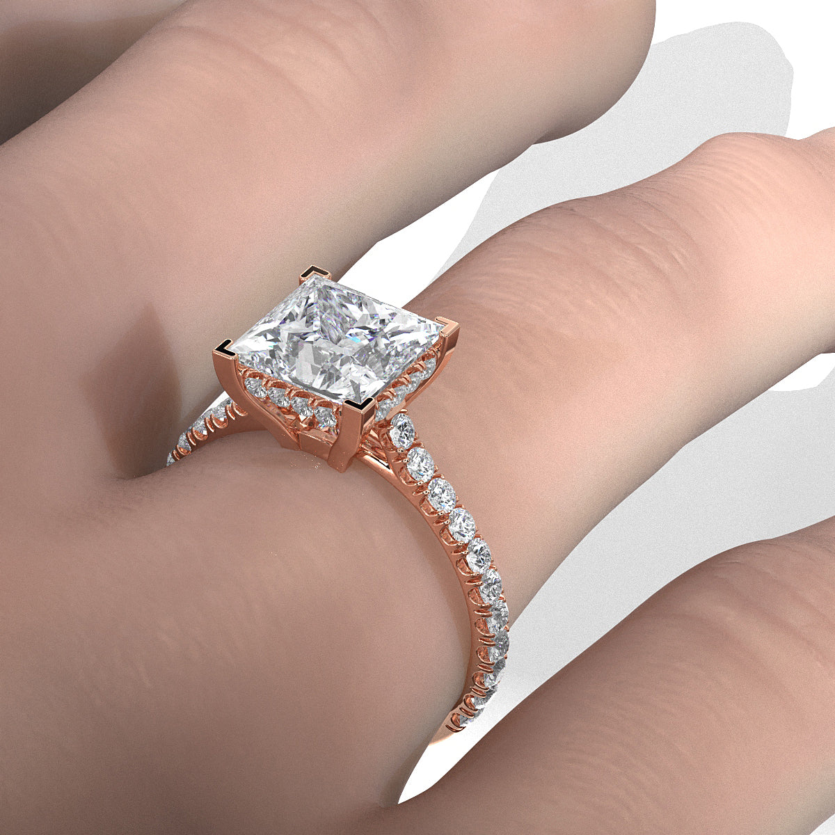 French U Pave Set Hidden Halo Lab Grown Diamond Engagement Ring IGI Certified 3.52 Ctw.