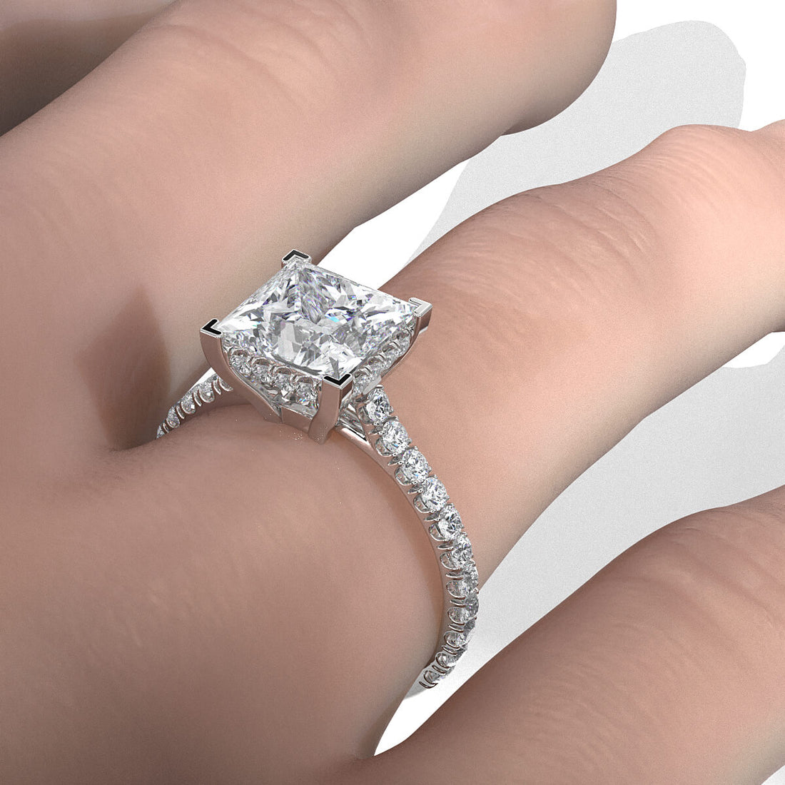 French U Pave Set Hidden Halo Lab Grown Diamond Engagement Ring IGI Certified 3.52 Ctw.