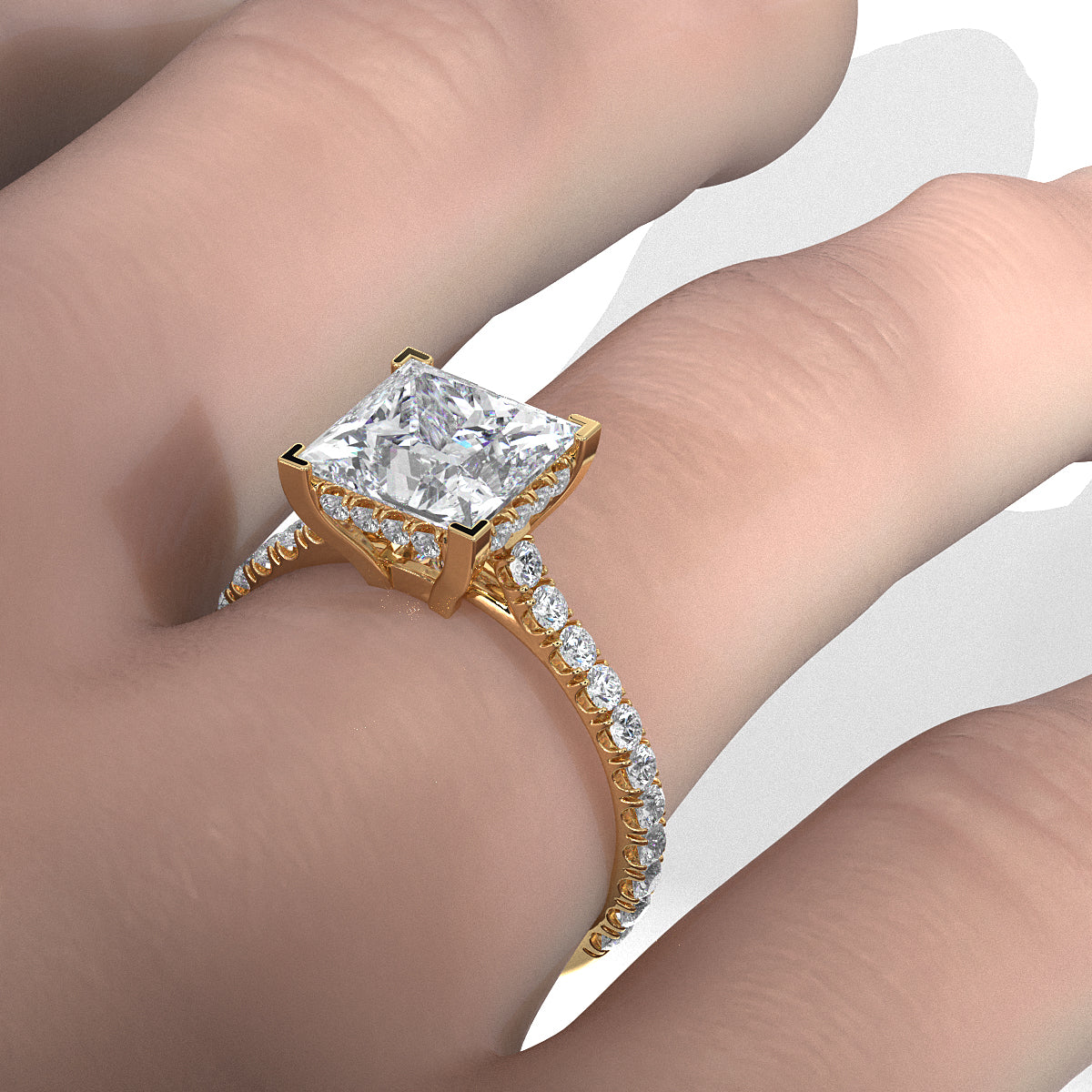 French U Pave Set Hidden Halo Lab Grown Diamond Engagement Ring IGI Certified 3.52 Ctw.