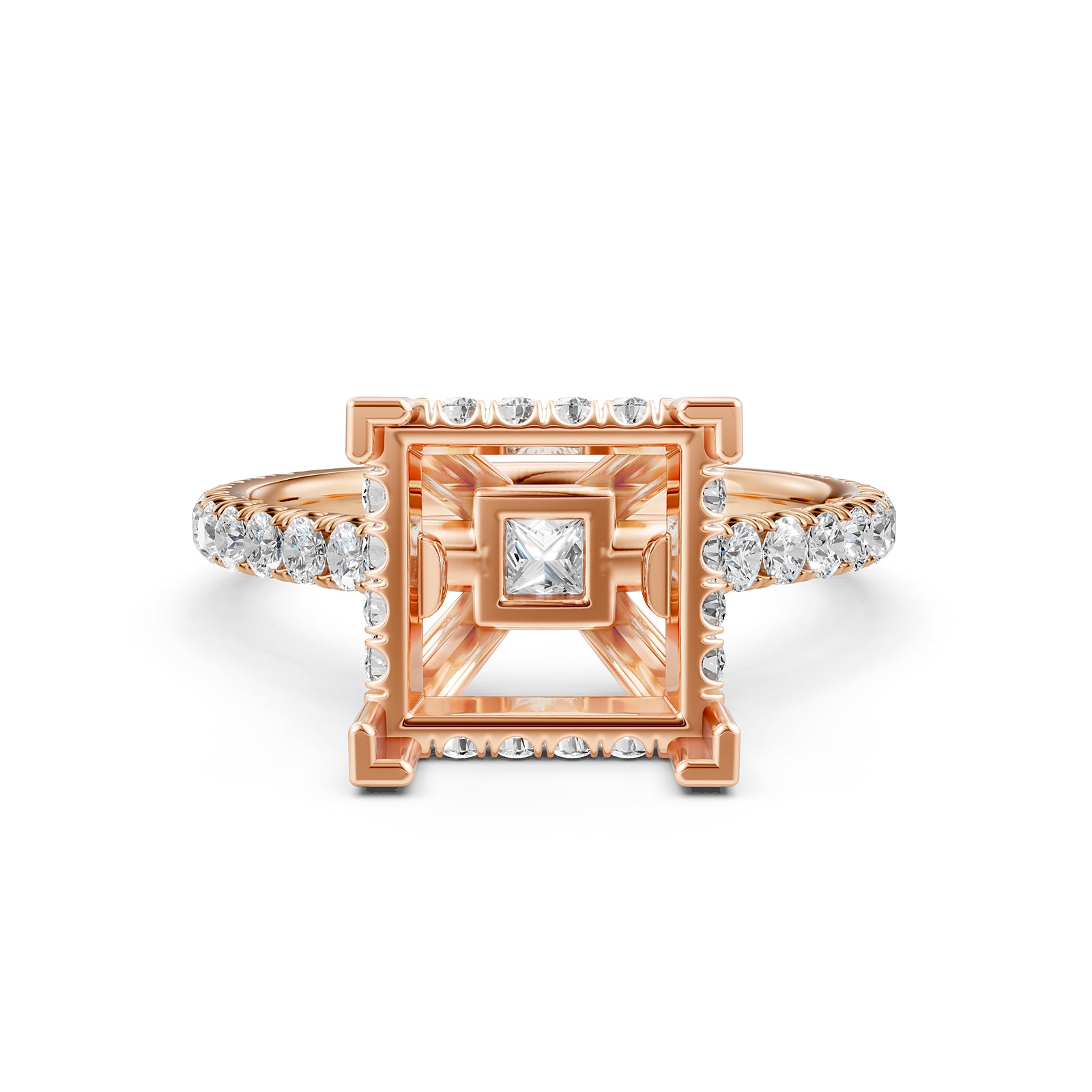 French U Pave Set Hidden Halo Lab Grown Diamond Semi Mount Engagement Ring 0.52 Ct.