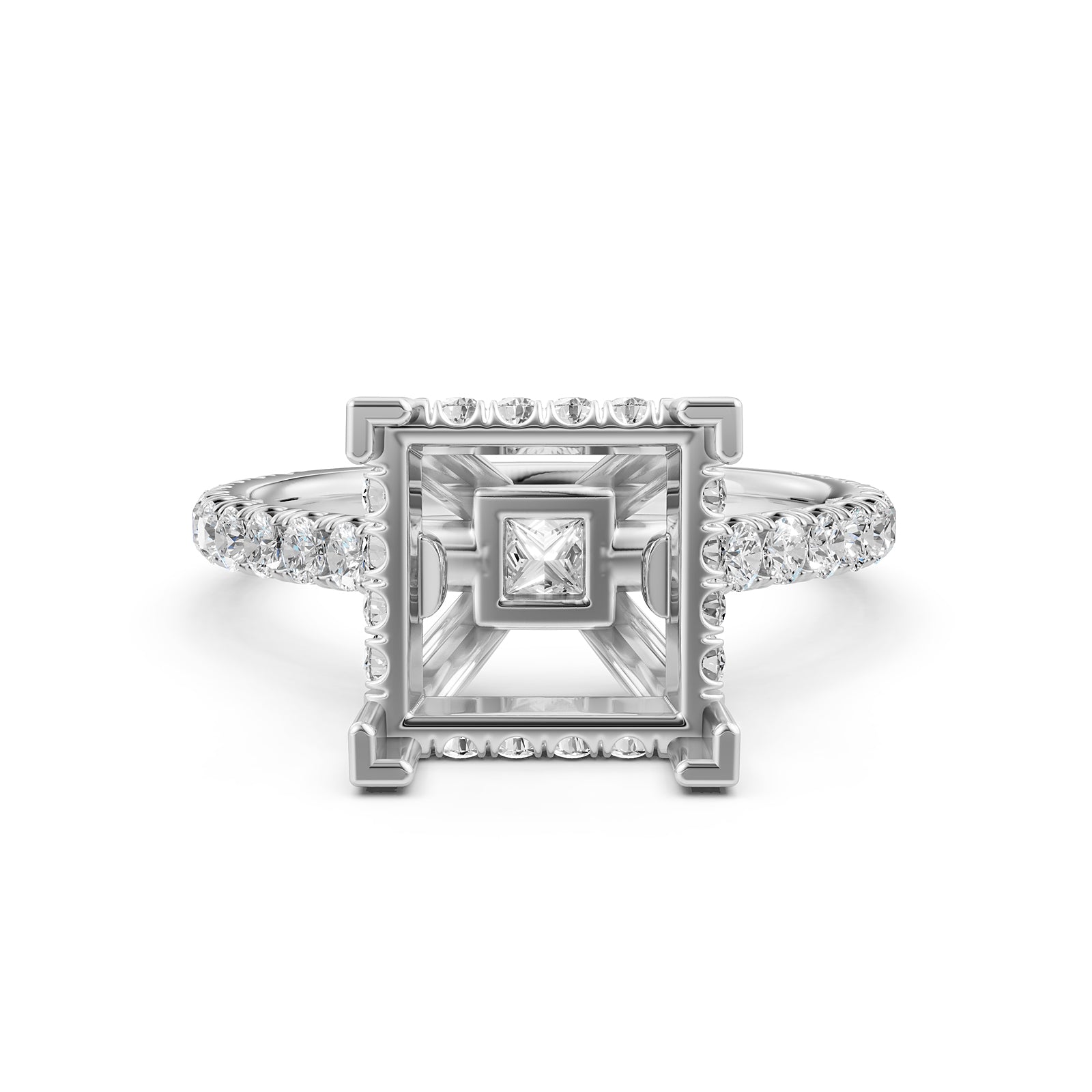 French U Pave Set Hidden Halo Lab Grown Diamond Semi Mount Engagement Ring 0.52 Ct.