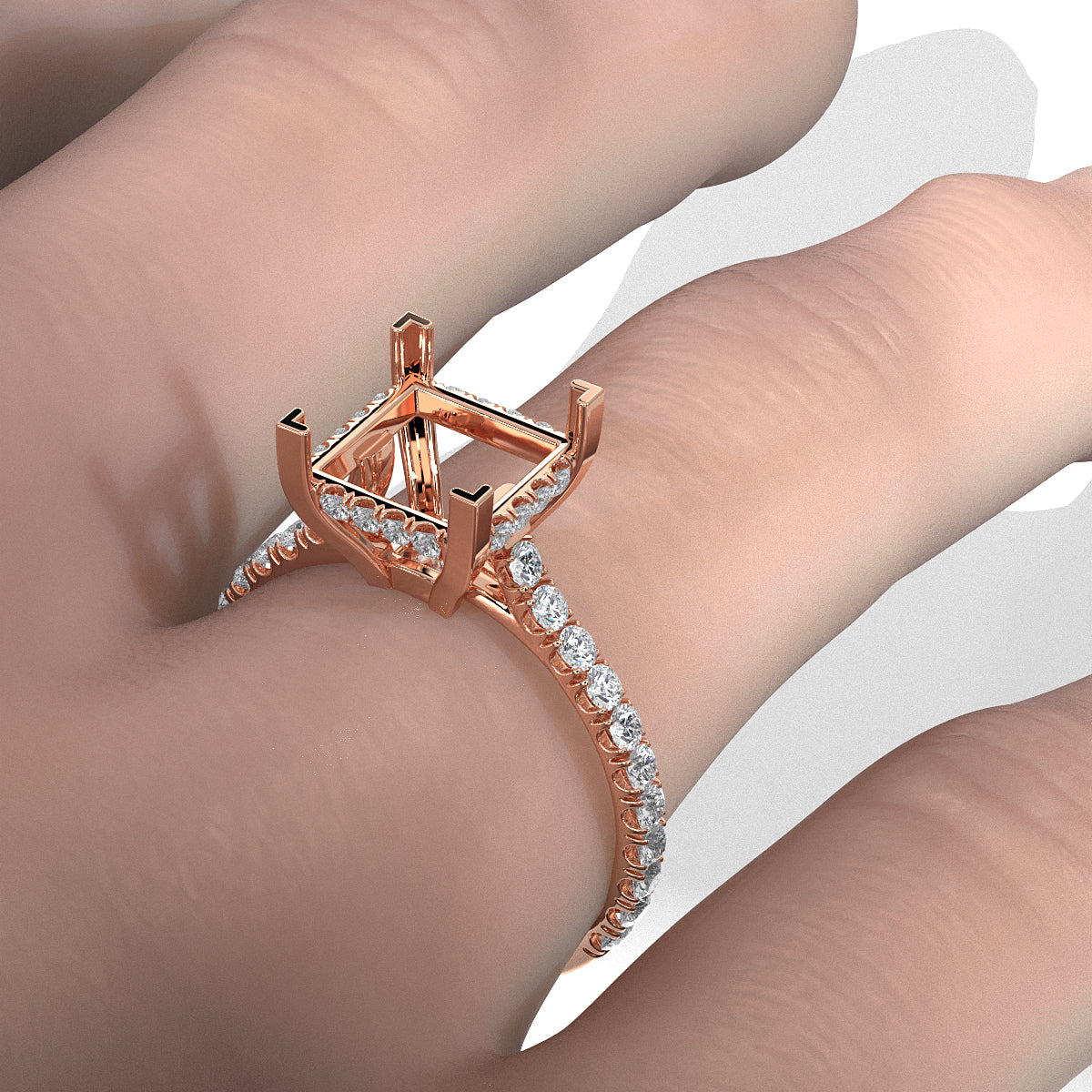 French U Pave Set Hidden Halo Lab Grown Diamond Semi Mount Engagement Ring 0.52 Ct.