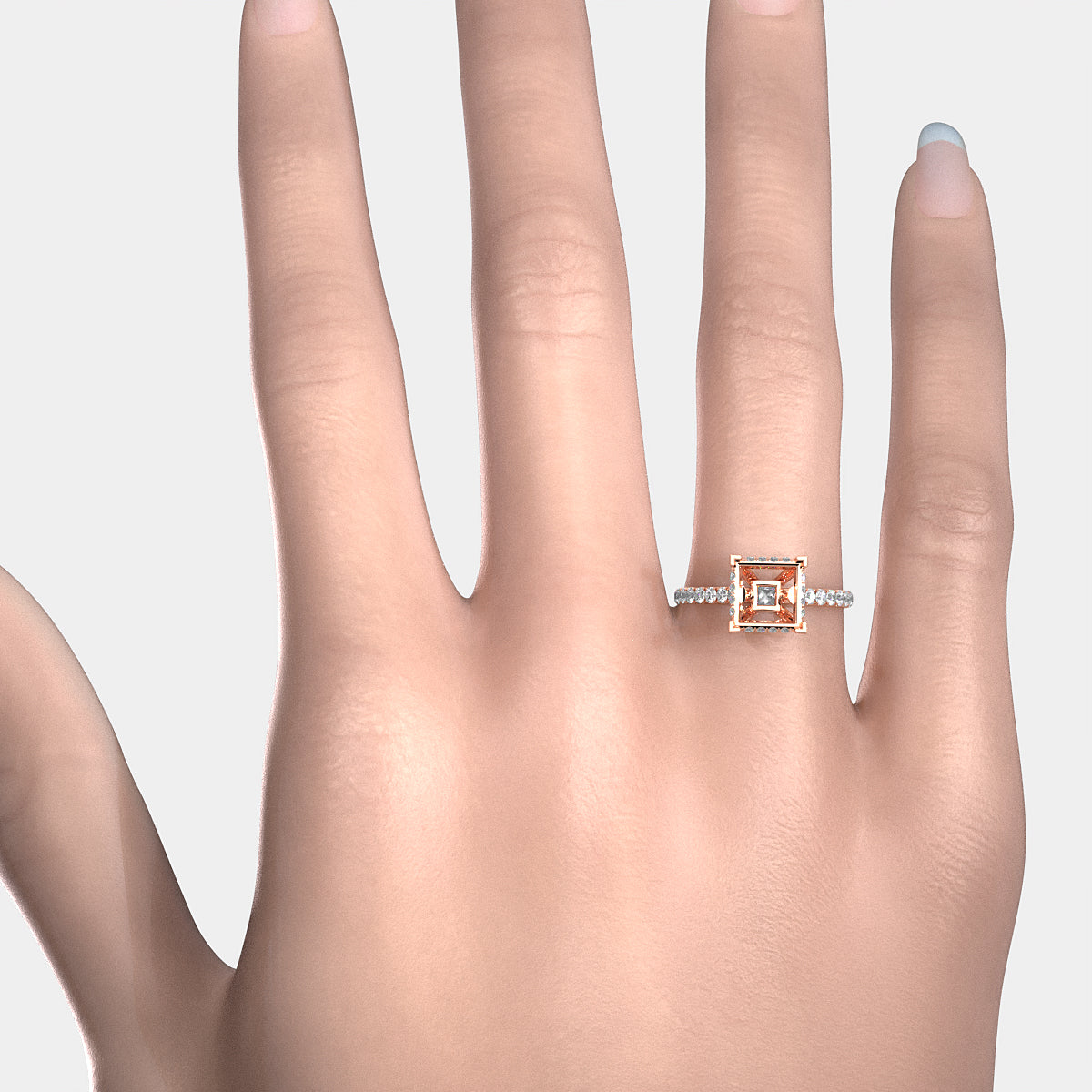 French U Pave Set Hidden Halo Lab Grown Diamond Semi Mount Engagement Ring 0.52 Ct.