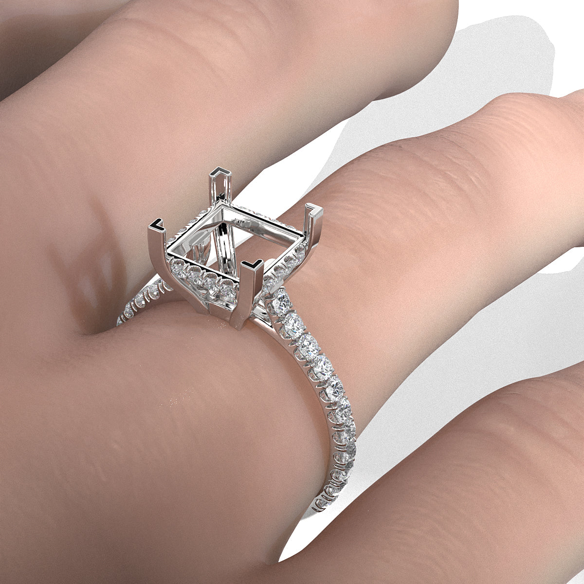 French U Pave Set Hidden Halo Lab Grown Diamond Semi Mount Engagement Ring 0.52 Ct.