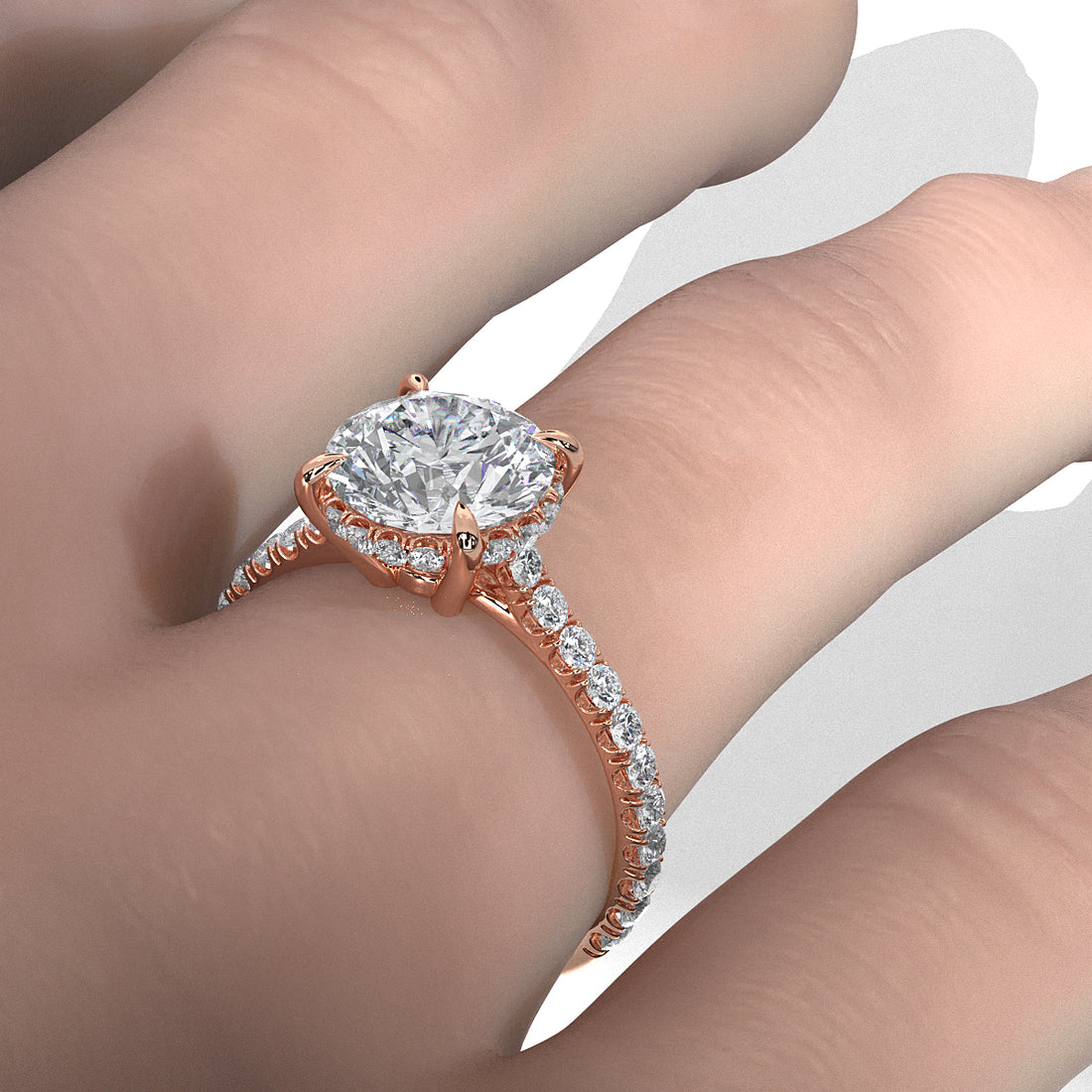 French U Pave Set Hidden Halo Lab Grown Diamond Engagement Ring IGI Certified 3.52 Ctw.