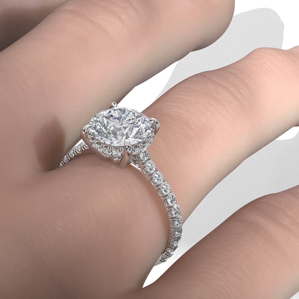 French U Pave Set Hidden Halo Lab Grown Diamond Engagement Ring IGI Certified 3.52 Ctw.