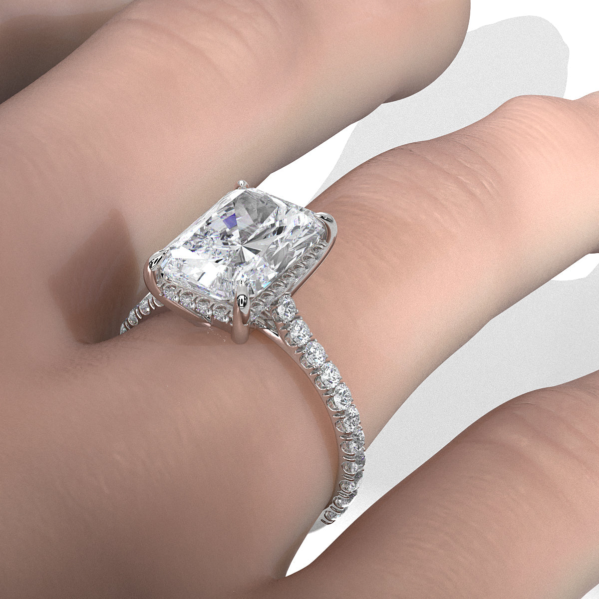 French U Pave Set Hidden Halo Lab Grown Diamond Engagement Ring IGI Certified 3.52 Ctw.