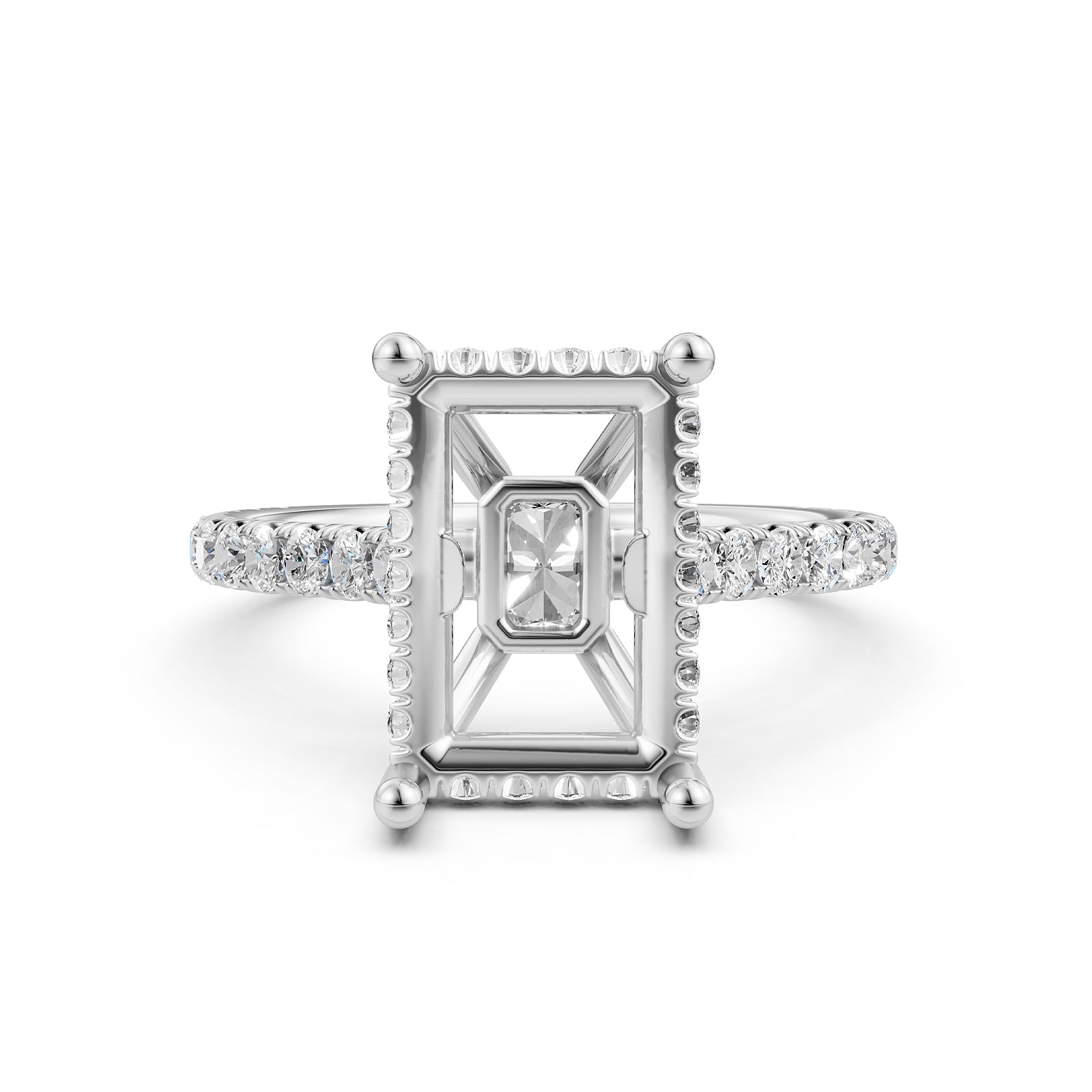 French U Pave Set Hidden Halo Lab Grown Diamond Semi Mount Engagement Ring 0.52 Ct.