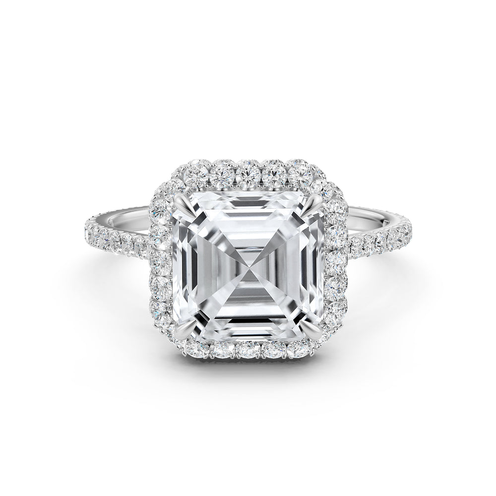 Double Halo Asscher  Lab Grown Diamond French Pave Set Engagement Ring