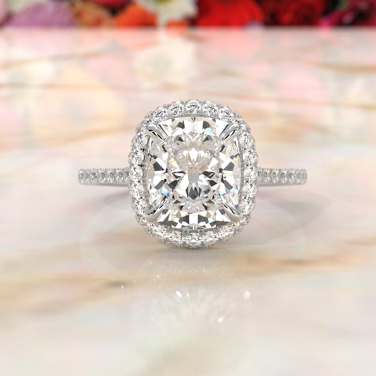Double Halo Cushion Lab Grown Diamond U Cut Pave Set Engagement Ring