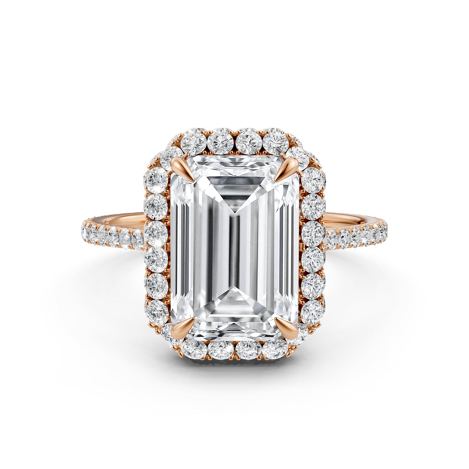 Double Halo Emerald  Lab Grown Diamond French U Cut Pave Set Engagement Ring