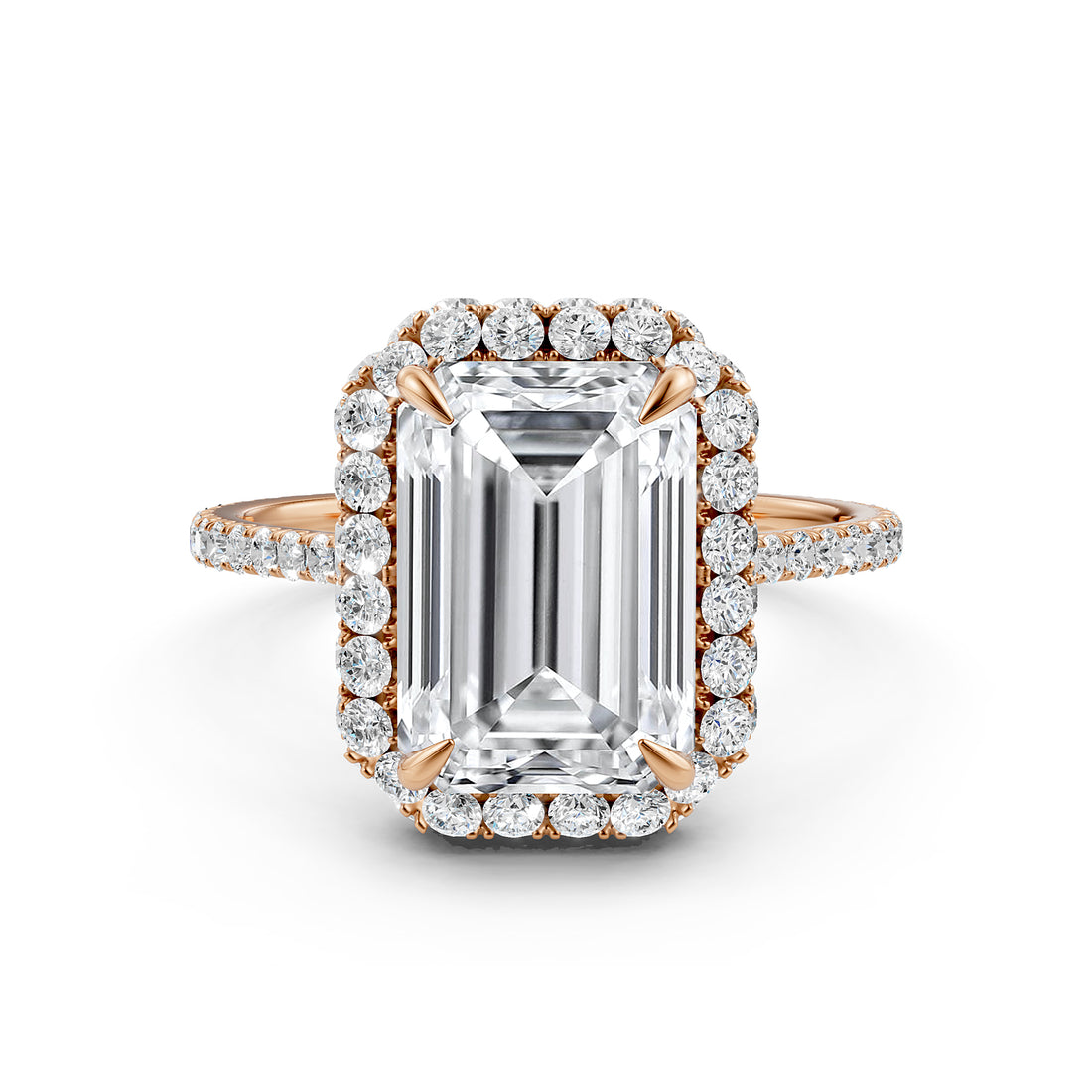 Double Halo Emerald  Lab Grown Diamond French U Cut Pave Set Engagement Ring