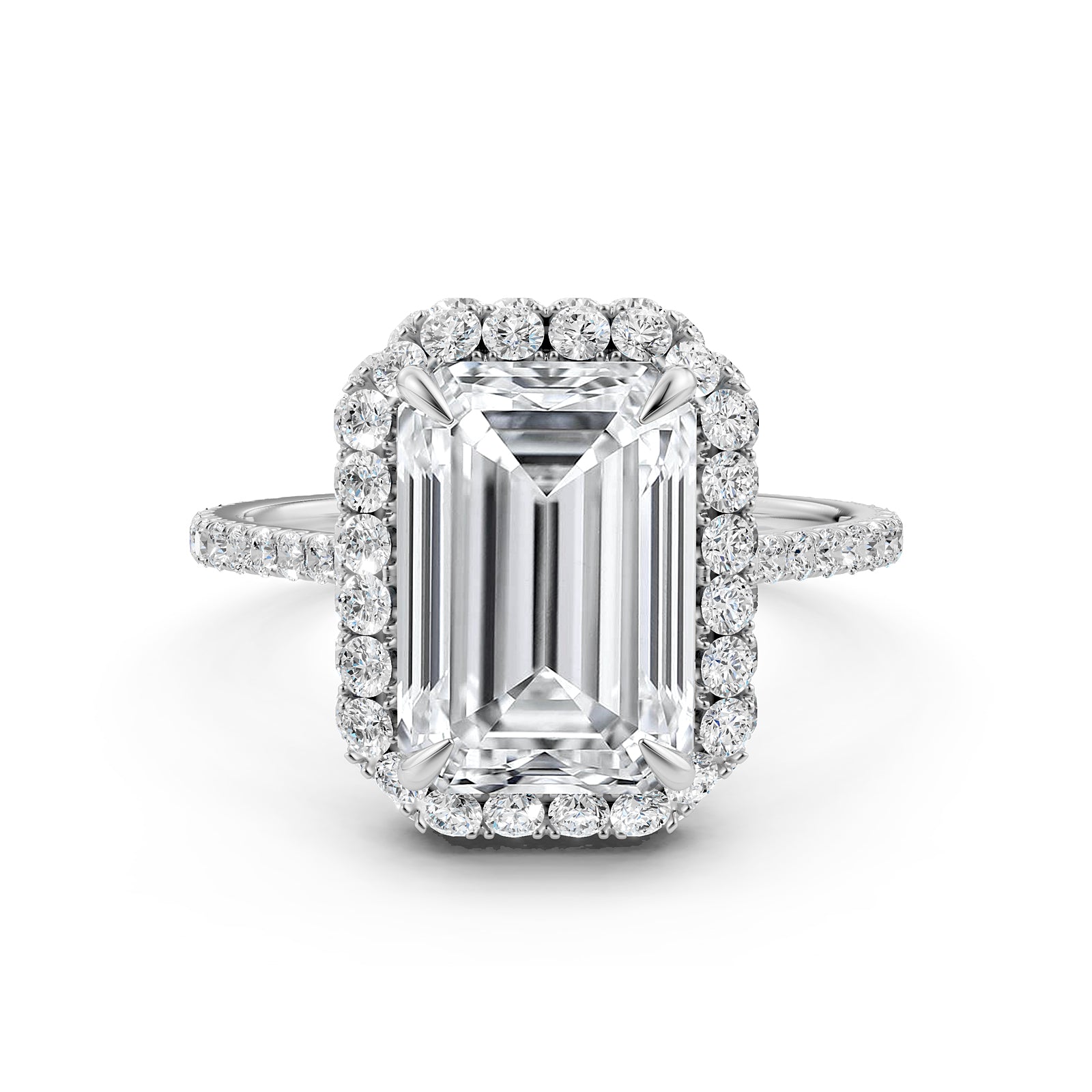 Double Halo Emerald  Lab Grown Diamond French U Cut Pave Set Engagement Ring