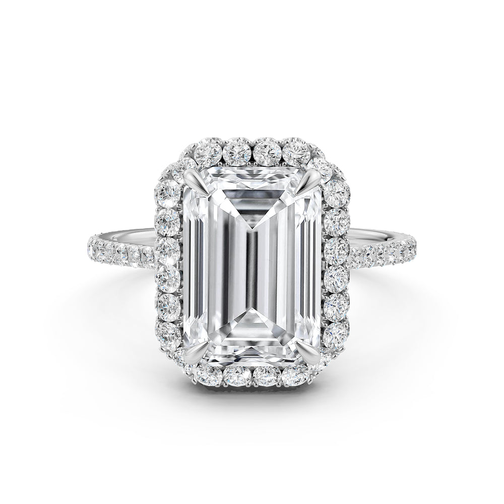 Double Halo Emerald  Lab Grown Diamond French U Cut Pave Set Engagement Ring