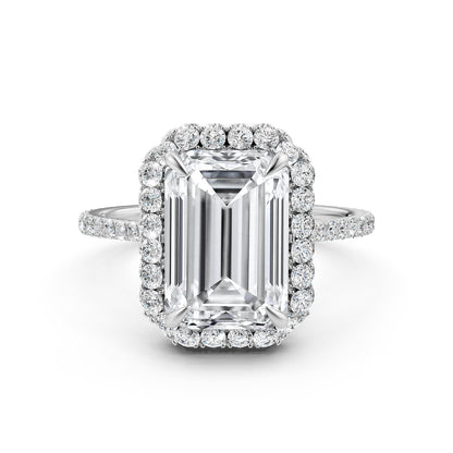 Double Halo Emerald  Lab Grown Diamond French U Cut Pave Set Engagement Ring