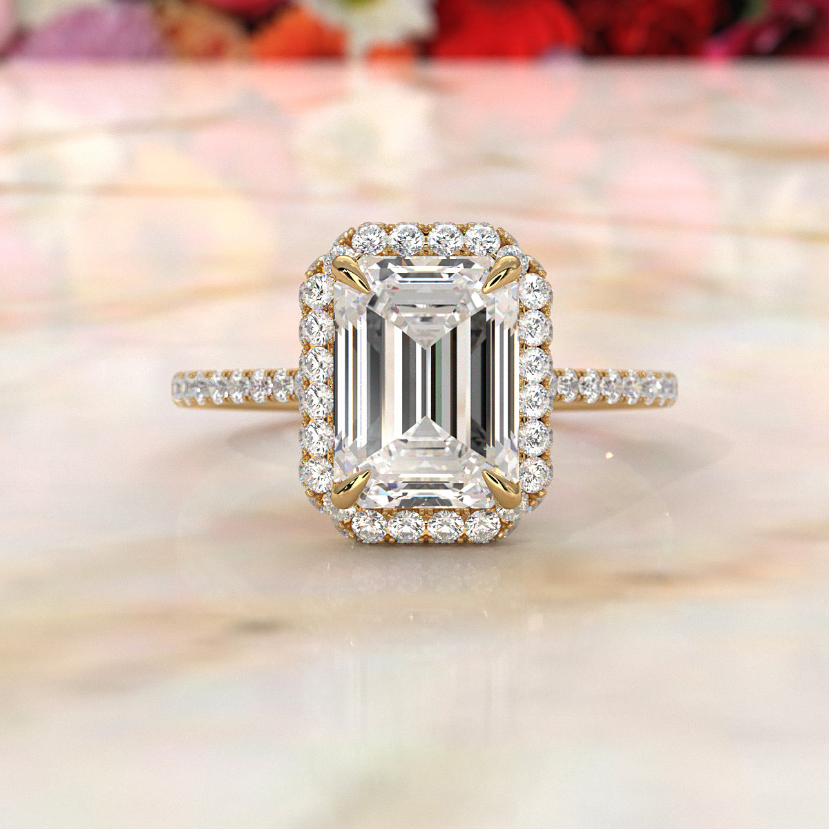 Double Halo Emerald  Lab Grown Diamond French U Cut Pave Set Engagement Ring