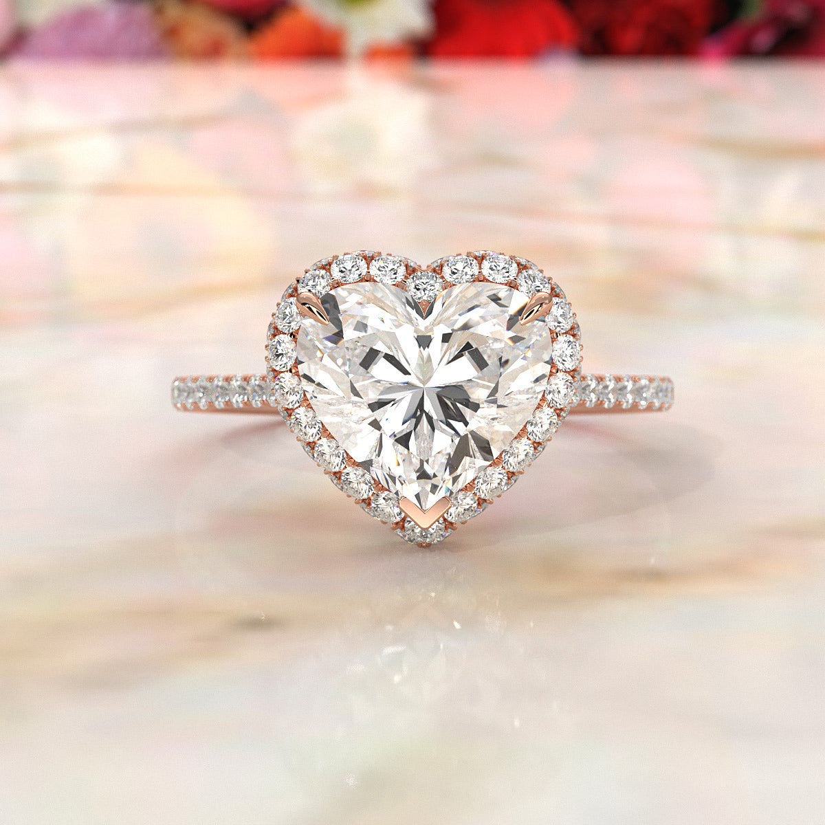 Double Halo Heart Lab Grown Diamond French U Cut Pave Set Engagement Ring