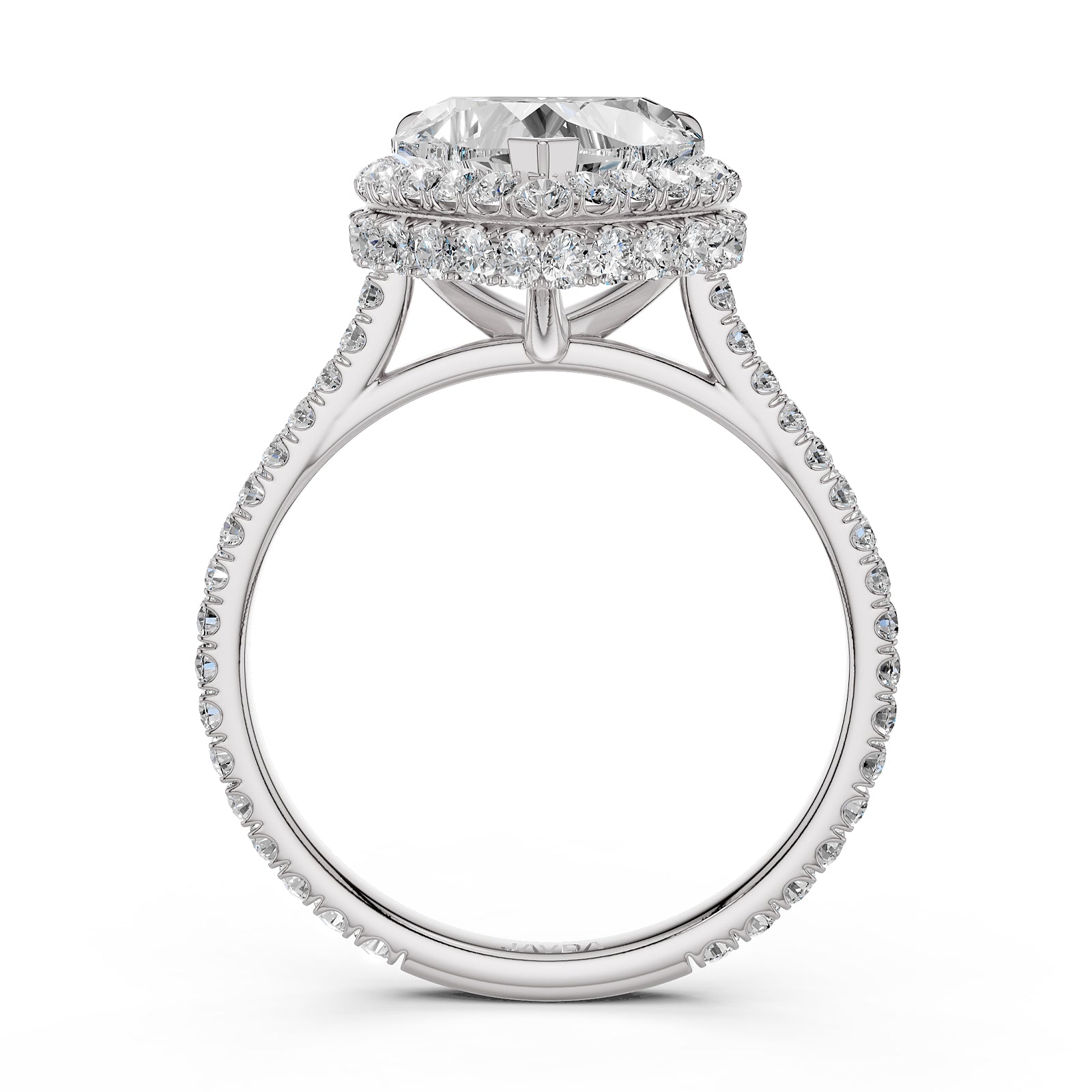 Double Halo Heart Lab Grown Diamond French U Cut Pave Set Engagement Ring