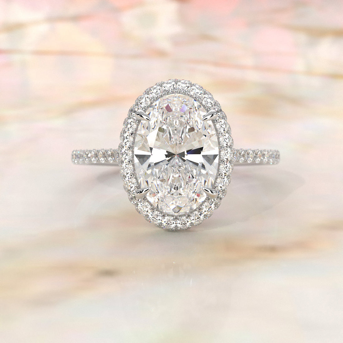 French U Cut Pave Set Double Halo Lab Grown Oval Diamond Engagement Ring