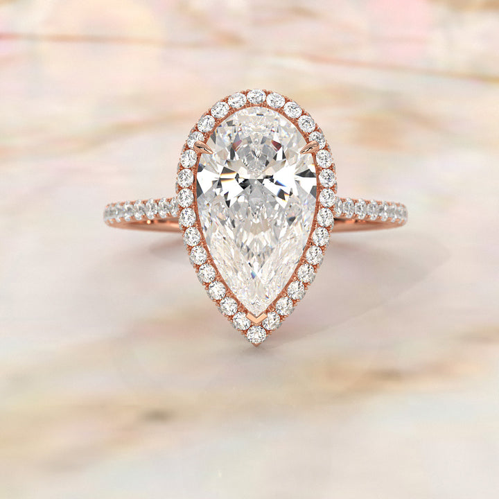 Double Halo Lab Grown Pear Diamond French Pave Set Engagement Ring