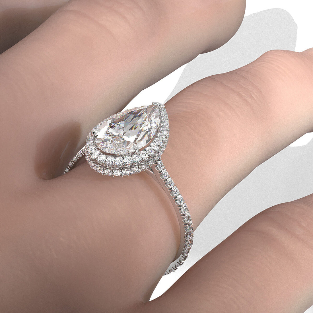 Double Halo Lab Grown Pear Diamond French Pave Set Engagement Ring