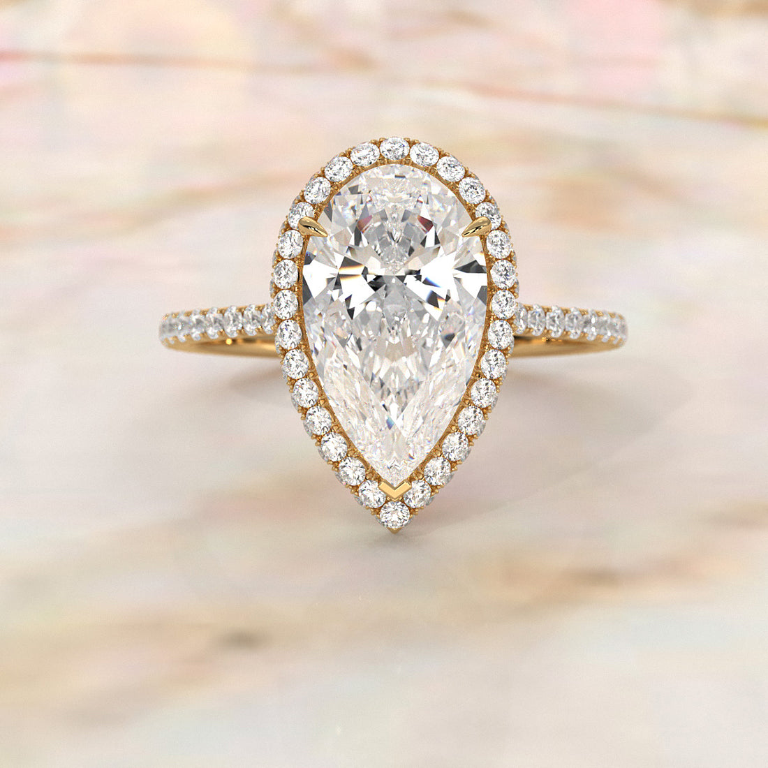 Double Halo Lab Grown Pear Diamond French Pave Set Engagement Ring