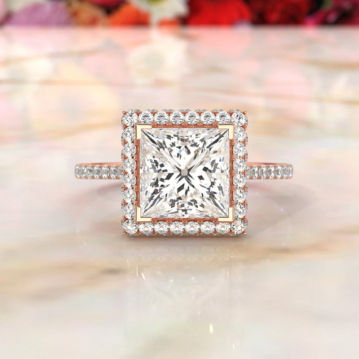 Double Halo Princess Lab Grown Diamond French Pave Set Engagement Ring