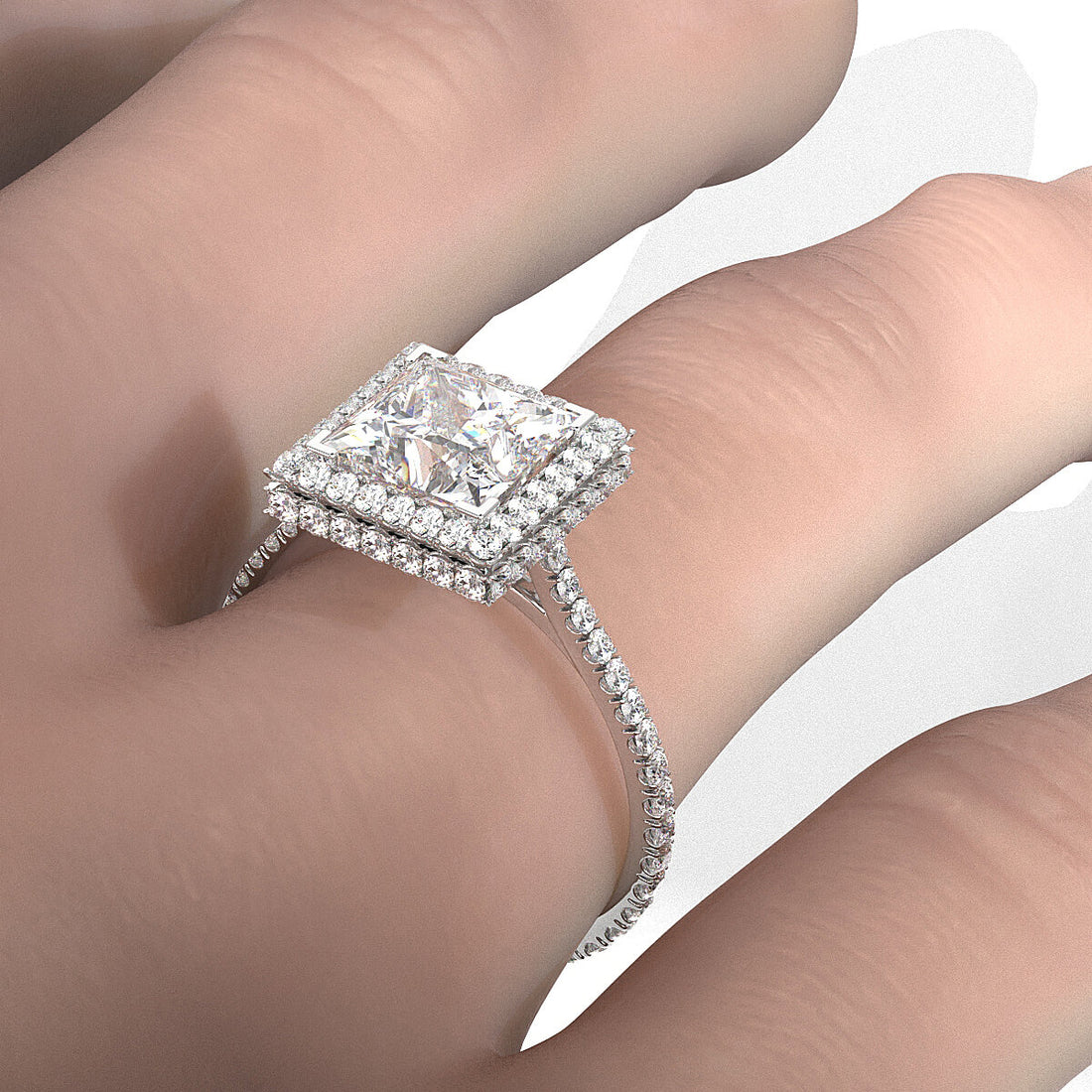 Double Halo Princess Lab Grown Diamond French Pave Set Engagement Ring