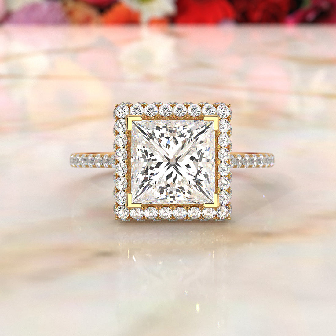 Double Halo Princess Lab Grown Diamond French Pave Set Engagement Ring