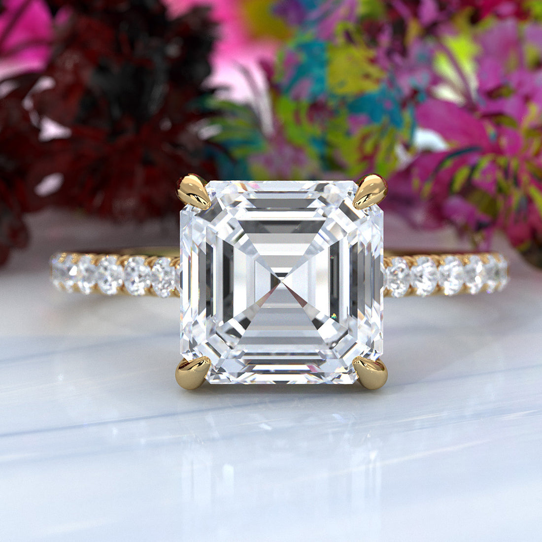 Hidden Halo french U Cut Pave Set Asscher Lab Grown Diamond Engagement Ring