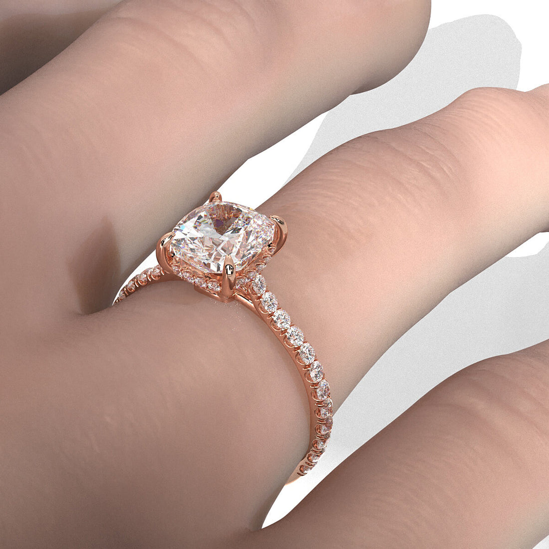 Hidden Halo french U Cut Pave Set Cushion Lab Grown Diamond Engagement Ring