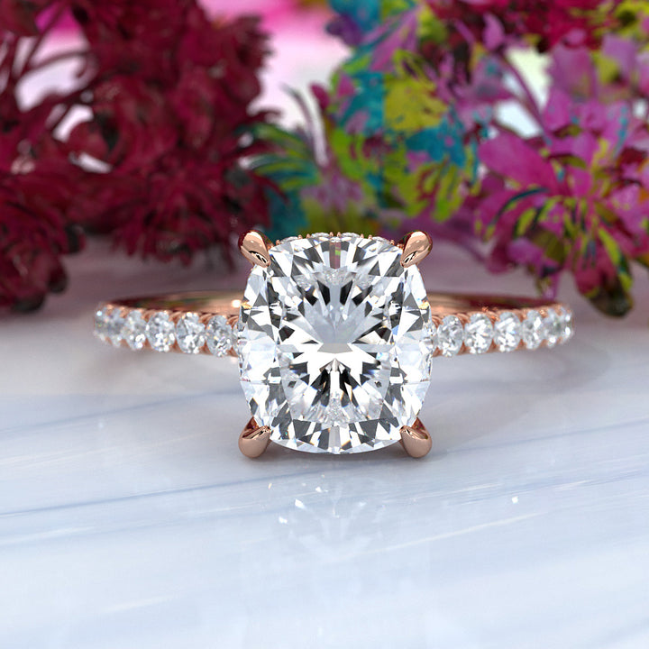 Hidden Halo french U Cut Pave Set Cushion Lab Grown Diamond Engagement Ring
