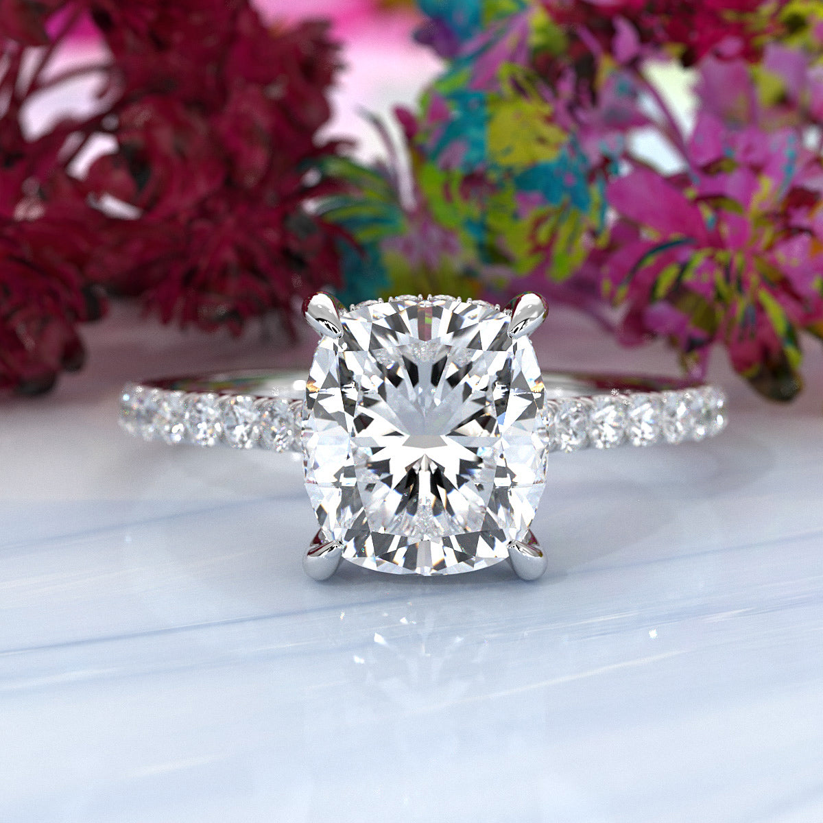 Hidden Halo french U Cut Pave Set Cushion Lab Grown Diamond Engagement Ring