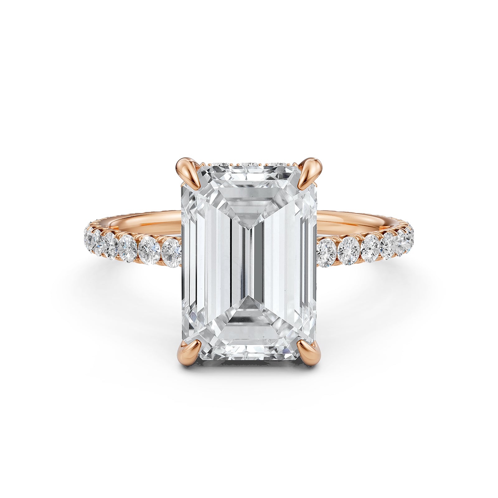 Hidden Halo french U cut pave Set Emerald Diamond Engagement Ring 14k White Gold