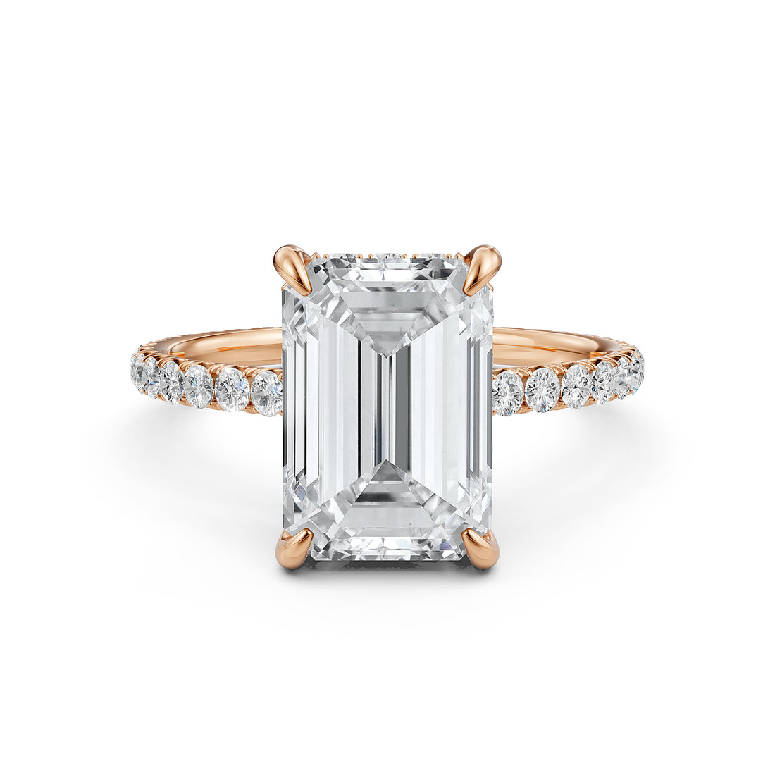 Hidden Halo french U cut pave Set Emerald Diamond Engagement Ring 14k White Gold