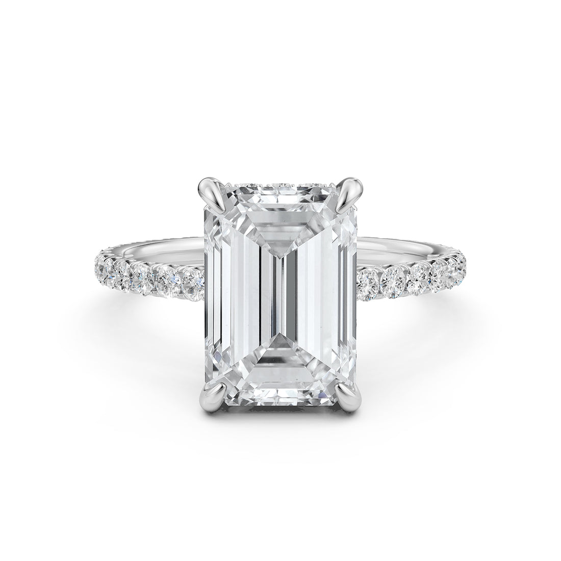 Hidden Halo french U cut pave Set Emerald Diamond Engagement Ring 14k White Gold