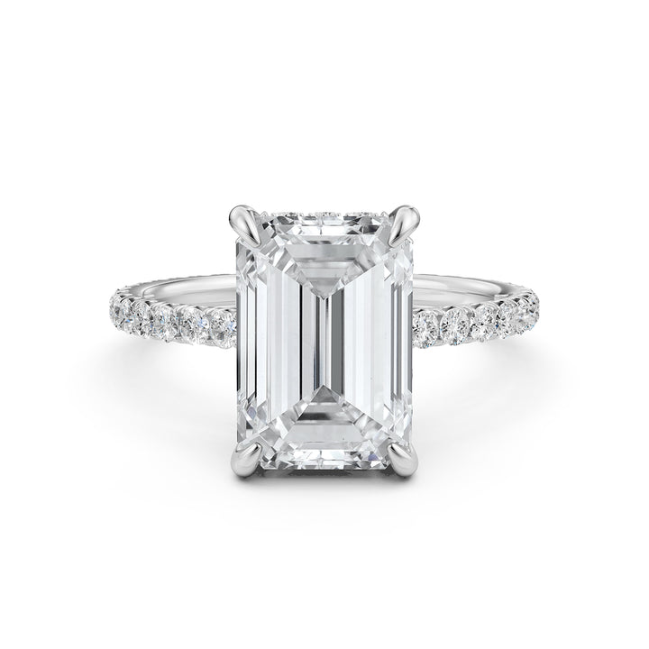 Hidden Halo french U cut pave Set Emerald Diamond Engagement Ring 14k White Gold