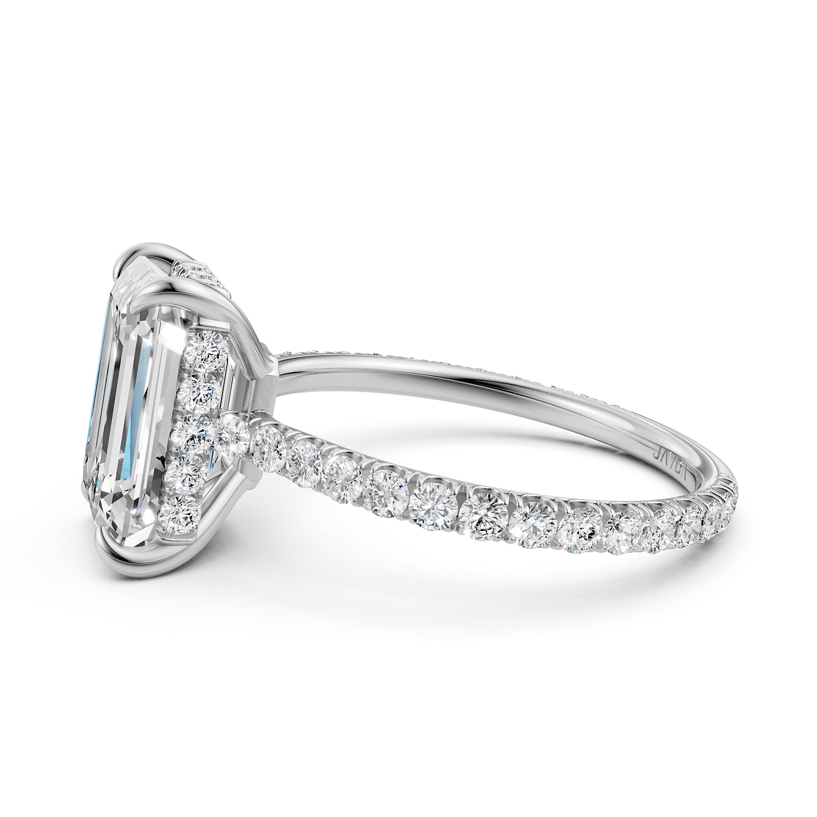 Hidden Halo french U cut pave Set Emerald Diamond Engagement Ring 14k White Gold