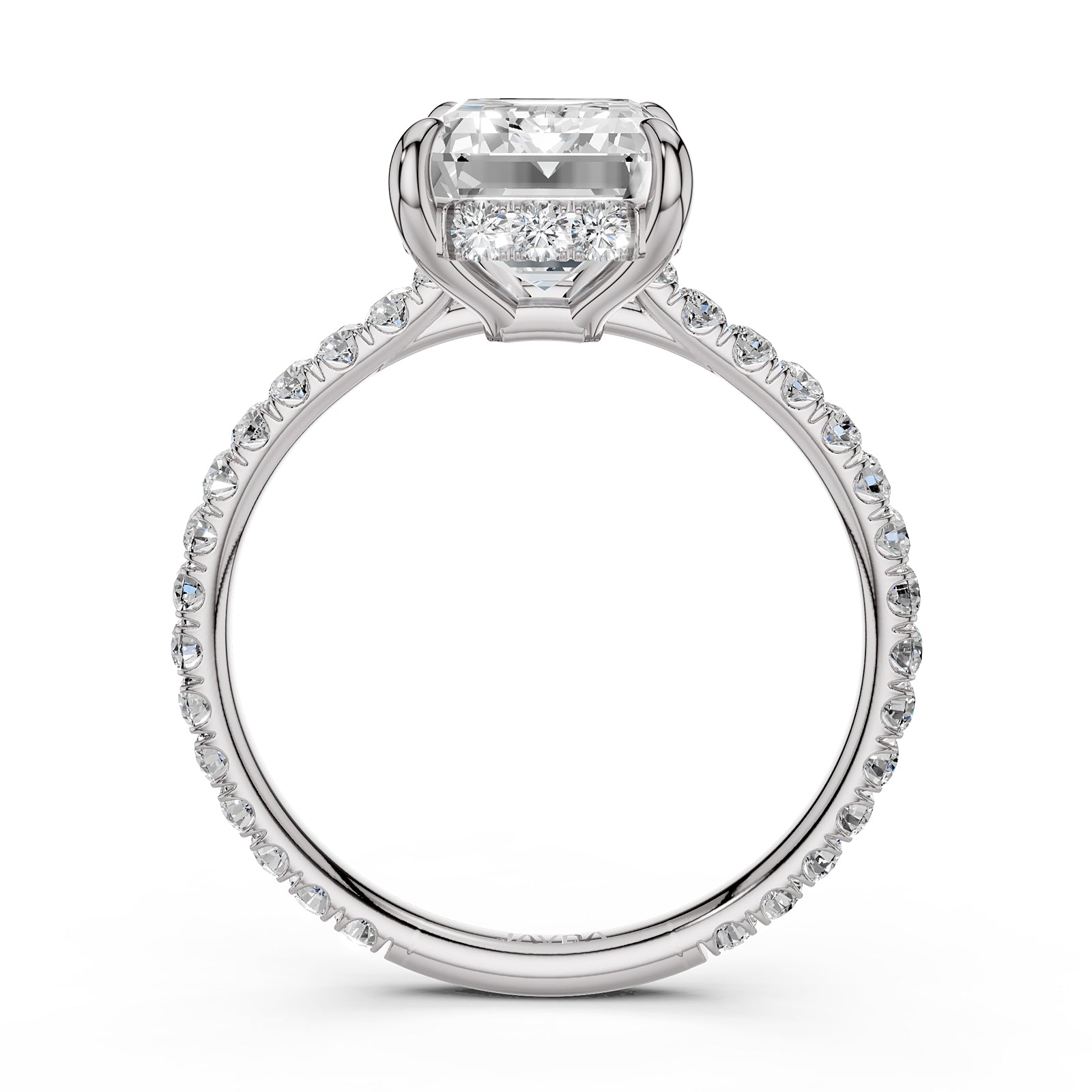 Hidden Halo french U cut pave Set Emerald Diamond Engagement Ring 14k White Gold