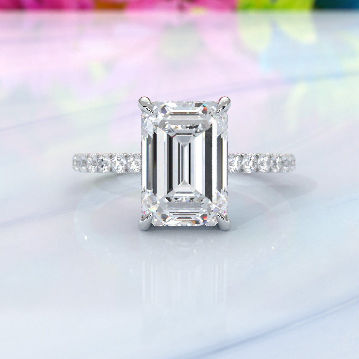 Hidden Halo french U cut pave Set Emerald Diamond Engagement Ring 14k White Gold