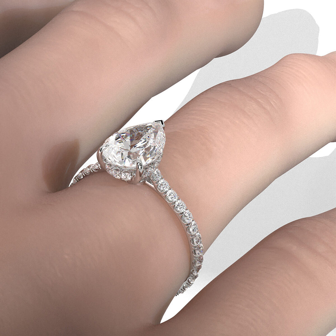 Hidden Halo French U Cut Pave Set Pear Lab Grown Diamond Engagement Ring