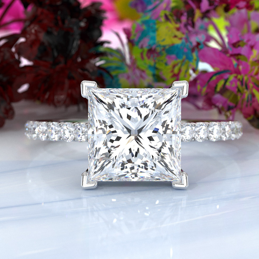 Hidden Halo French U Cut Pave Set Princess Lab Grown Diamond Engagement Ring