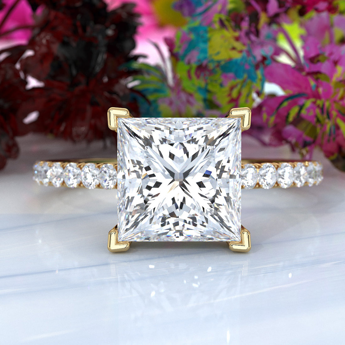 Hidden Halo French U Cut Pave Set Princess Lab Grown Diamond Engagement Ring