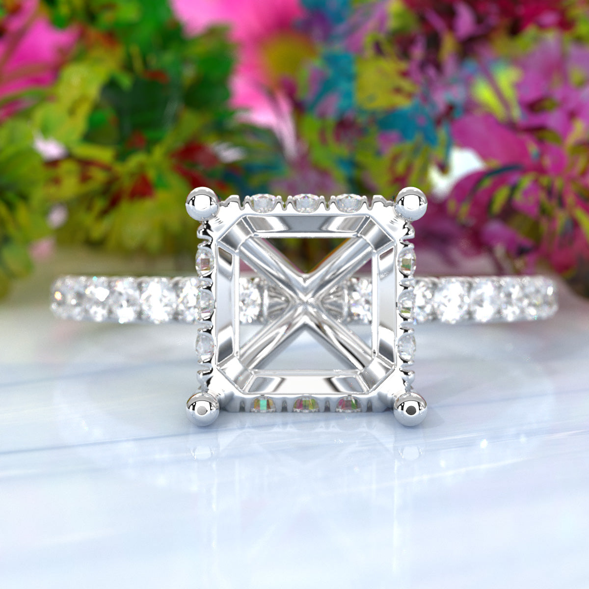 U Pave Set Hidden Halo Semi Mount Lab Grown Diamond Engagement Ring 0.48 Ct.