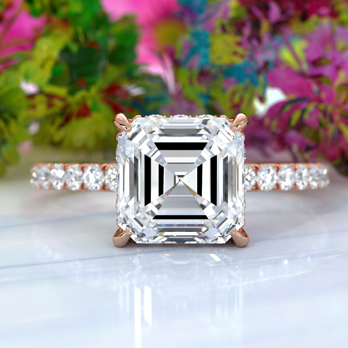 U cut french Pave set Hidden Halo Asscher Diamond Engagement Ring 14k White Gold