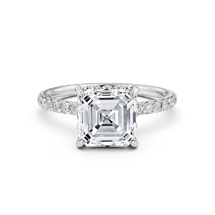 U cut french Pave set Hidden Halo Asscher Diamond Engagement Ring 14k White Gold