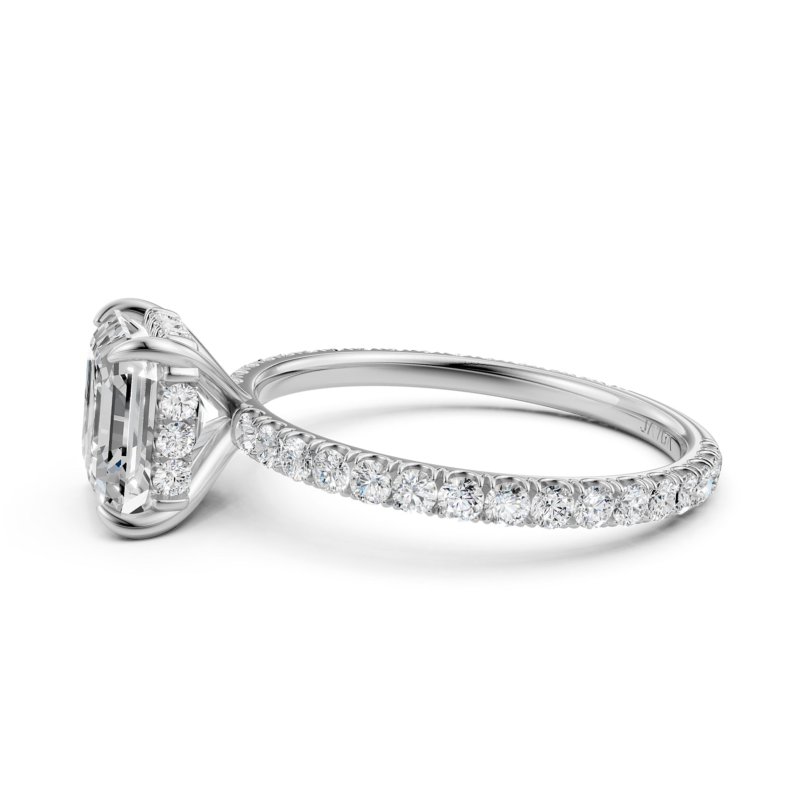 U cut french Pave set Hidden Halo Asscher Diamond Engagement Ring 14k White Gold