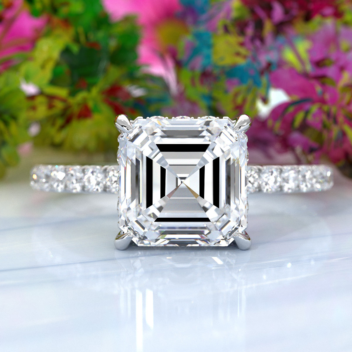 U cut french Pave set Hidden Halo Asscher Diamond Engagement Ring 14k White Gold