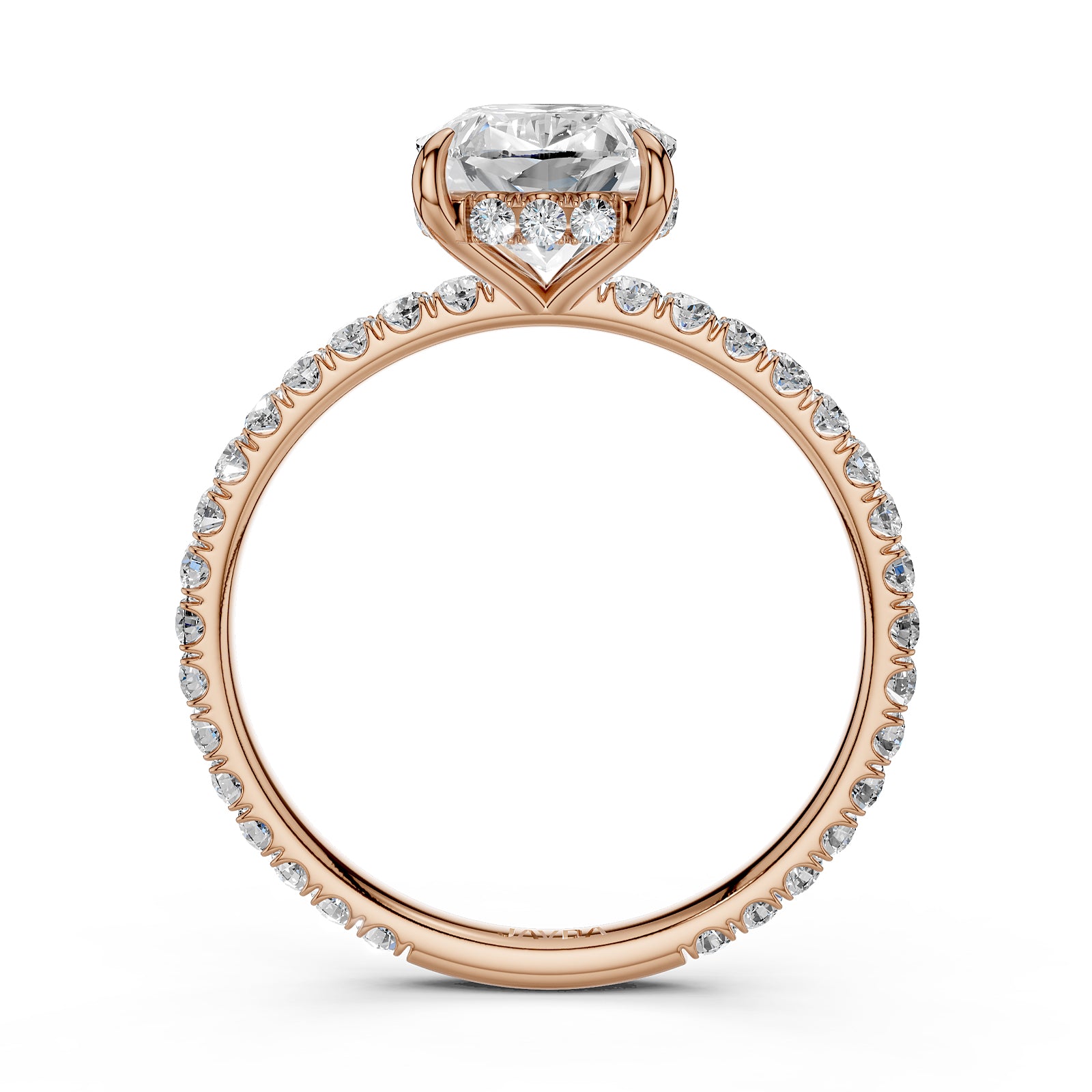 U cut french Pave set Hidden Halo Cushion Diamond Engagement Ring 14k White Gold